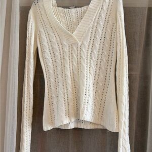 Sweater Project V-Neck Cable Knit Sweater - White